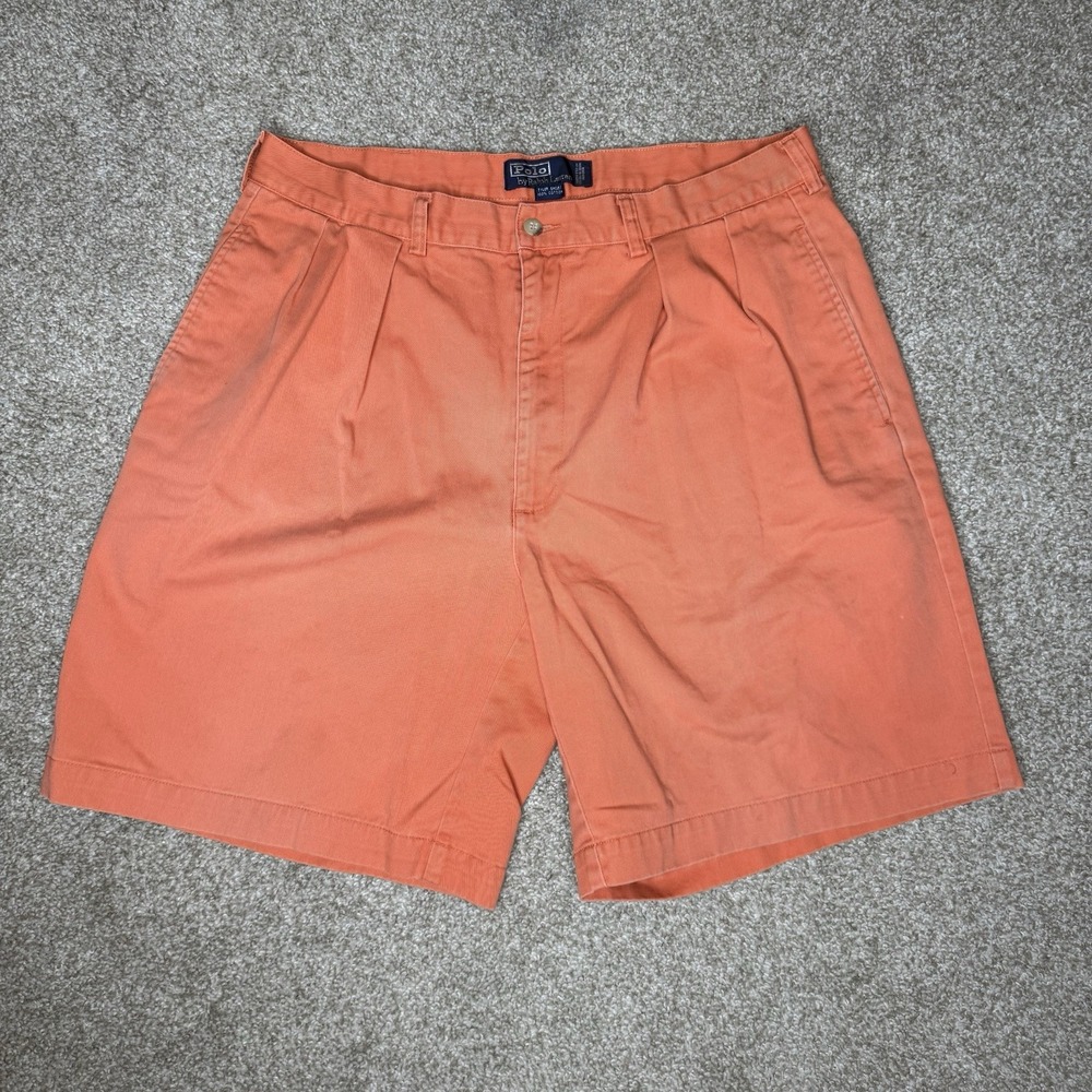 Vintage Polo Ralph Lauren Shorts Men's 36 Orange Chinos 9" Pleated Preppy Twill
